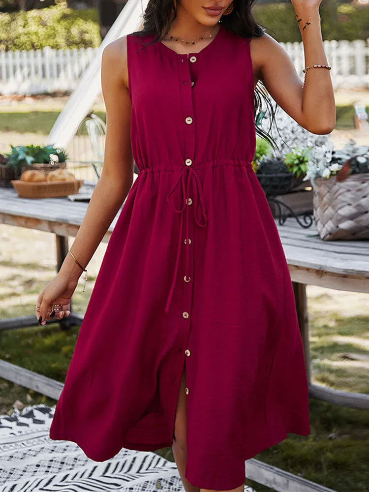 Button Drawstring O-neck Pure Color Sleeveless Casual Women Midi Dress