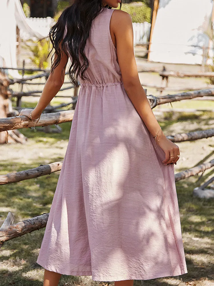 Button Drawstring O-neck Pure Color Sleeveless Casual Women Midi Dress