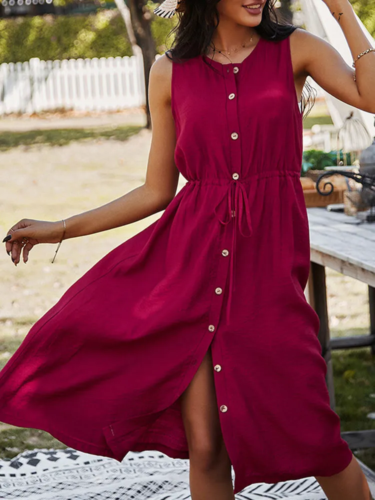 Button Drawstring O-neck Pure Color Sleeveless Casual Women Midi Dress