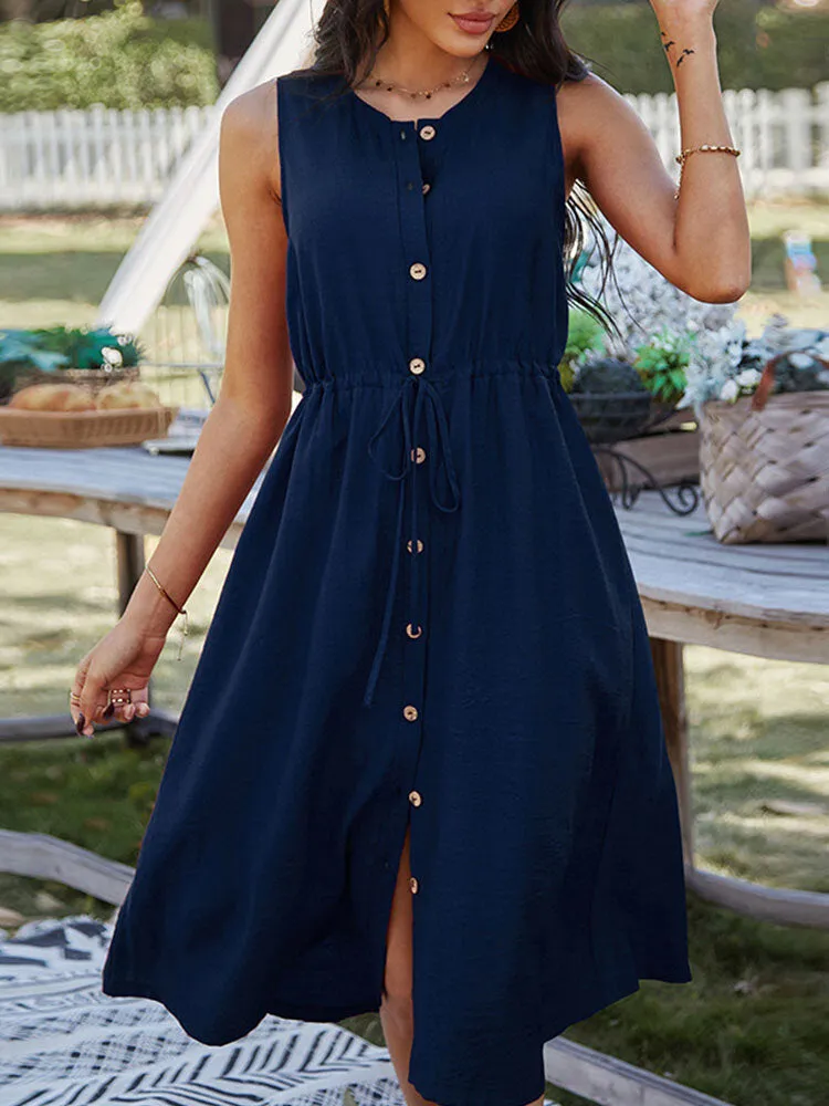 Button Drawstring O-neck Pure Color Sleeveless Casual Women Midi Dress