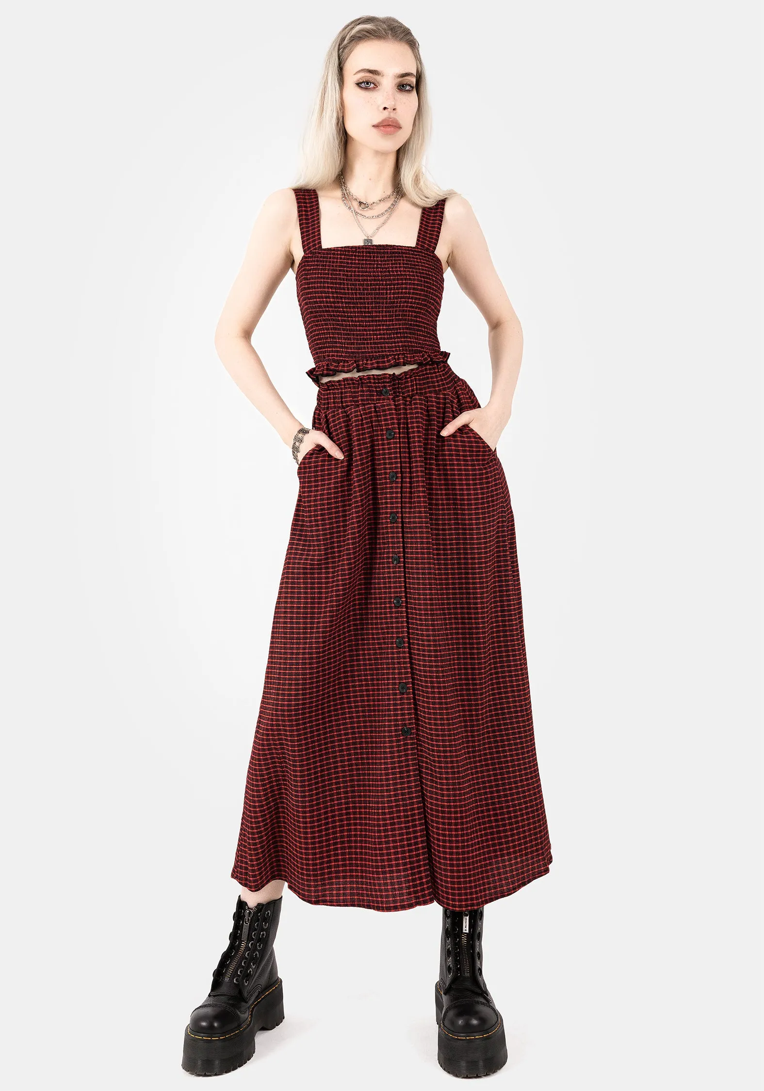 Carmine Textured Check Crop Top
