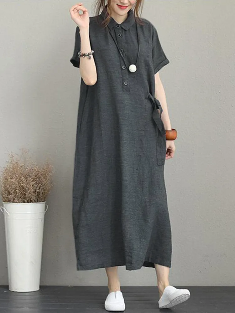 Casual Button Down Casual Loose Short Sleeve Pockets Women Maxi Dress