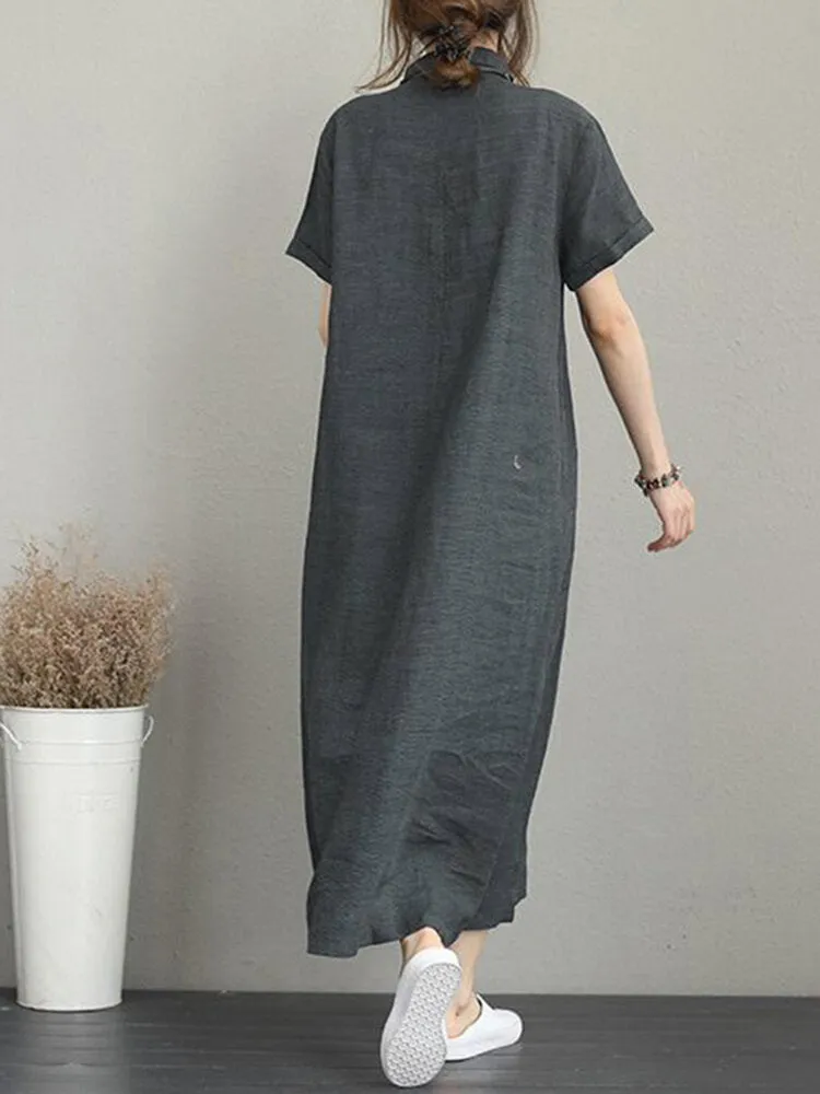Casual Button Down Casual Loose Short Sleeve Pockets Women Maxi Dress