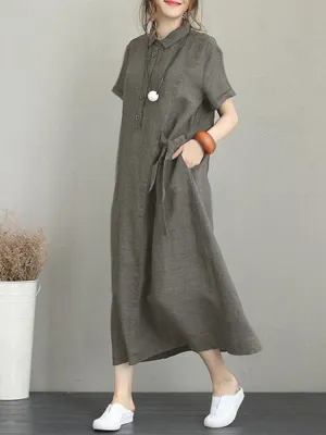 Casual Button Down Casual Loose Short Sleeve Pockets Women Maxi Dress