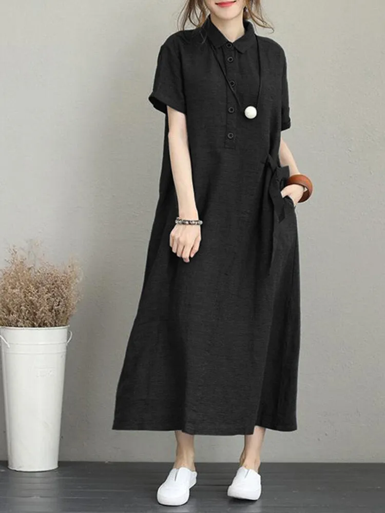 Casual Button Down Casual Loose Short Sleeve Pockets Women Maxi Dress