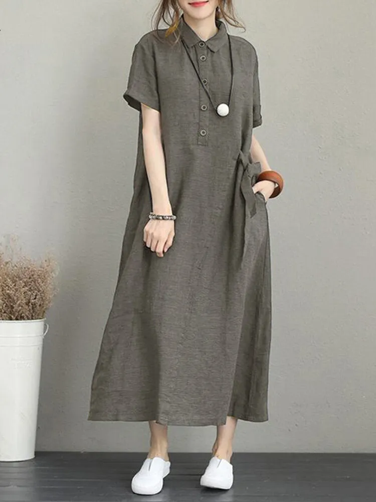 Casual Button Down Casual Loose Short Sleeve Pockets Women Maxi Dress