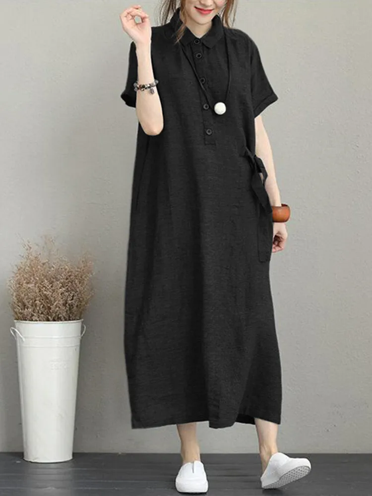 Casual Button Down Casual Loose Short Sleeve Pockets Women Maxi Dress