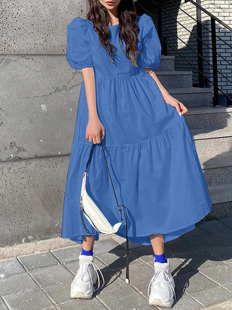 Casual Dress For Women Pure Color Pleated Women Maxi Dress