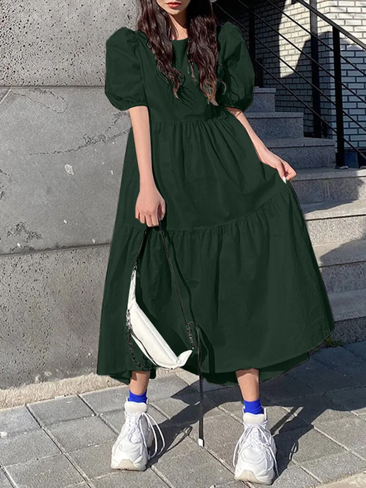 Casual Dress For Women Pure Color Pleated Women Maxi Dress