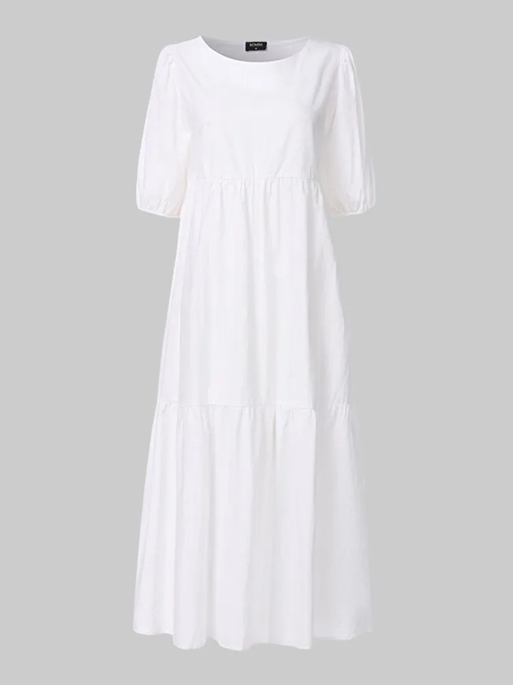 Casual Dress For Women Pure Color Pleated Women Maxi Dress