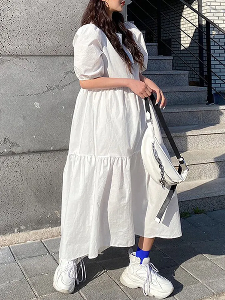 Casual Dress For Women Pure Color Pleated Women Maxi Dress