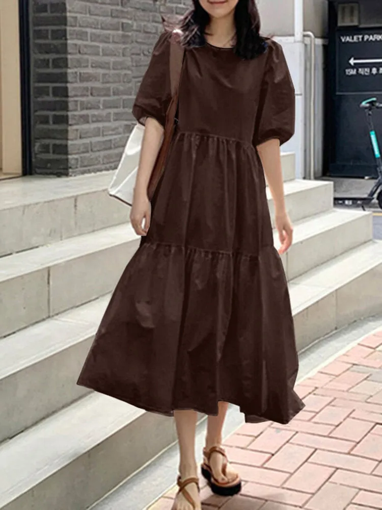 Casual Dress For Women Pure Color Pleated Women Maxi Dress