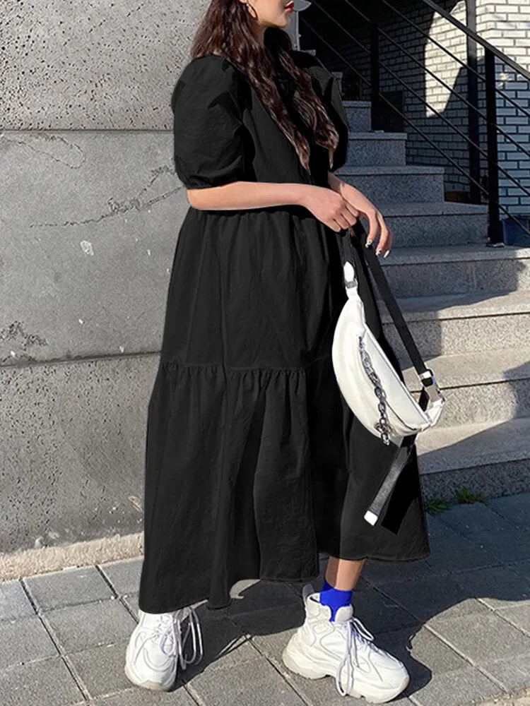 Casual Dress For Women Pure Color Pleated Women Maxi Dress