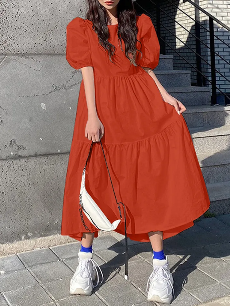 Casual Dress For Women Pure Color Pleated Women Maxi Dress