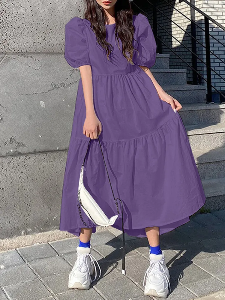 Casual Dress For Women Pure Color Pleated Women Maxi Dress