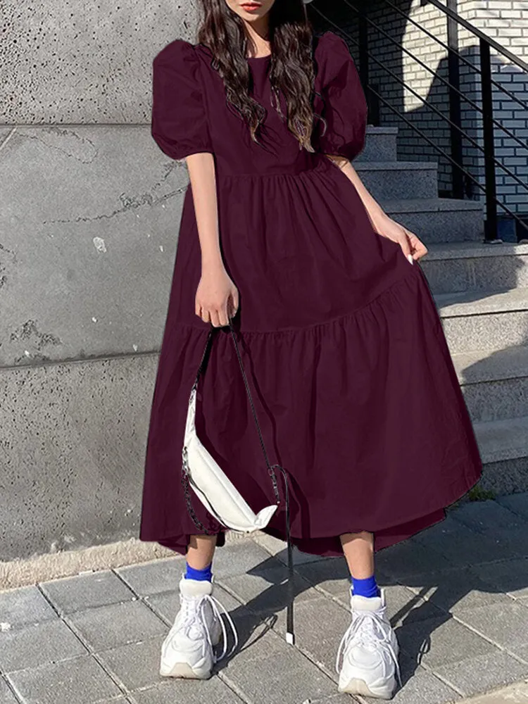 Casual Dress For Women Pure Color Pleated Women Maxi Dress