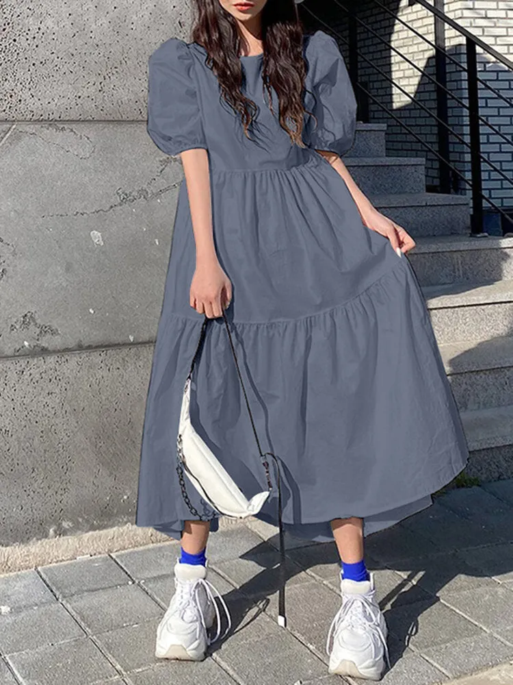 Casual Dress For Women Pure Color Pleated Women Maxi Dress