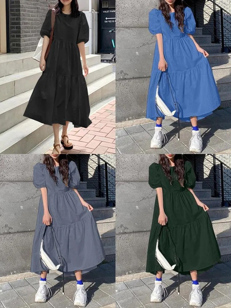 Casual Dress For Women Pure Color Pleated Women Maxi Dress