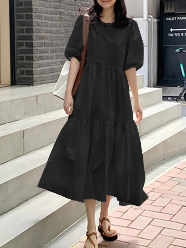 Casual Dress For Women Pure Color Pleated Women Maxi Dress