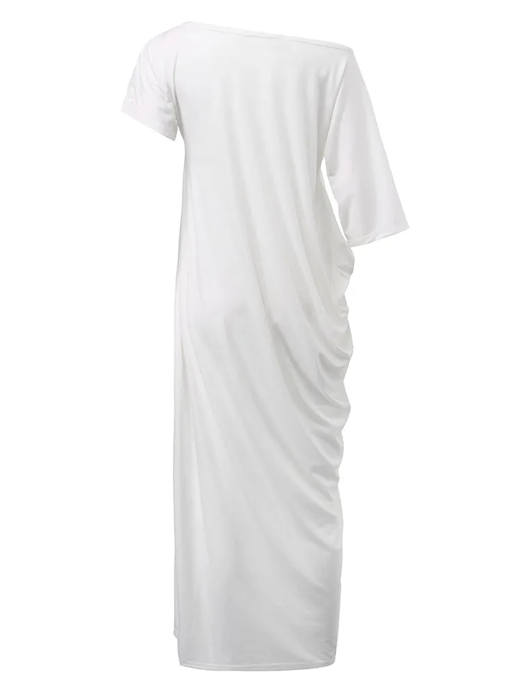 Casual Loose Women One Shoulder Pure Color Batwing Sleeve Maxi Dresses
