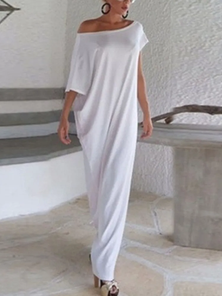 Casual Loose Women One Shoulder Pure Color Batwing Sleeve Maxi Dresses