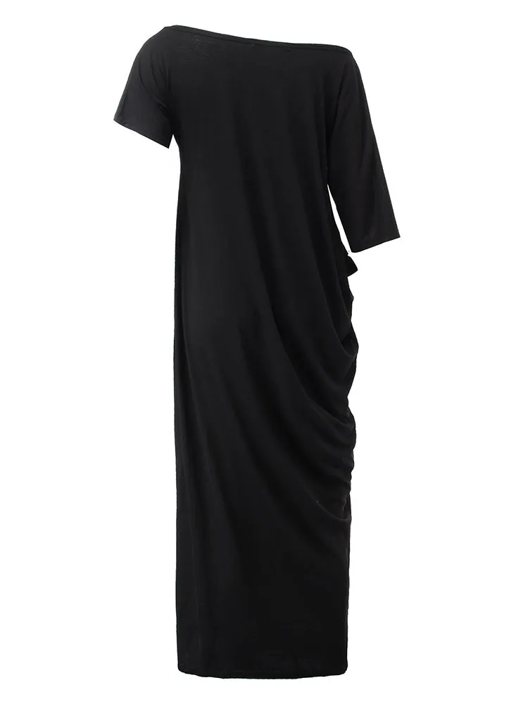 Casual Loose Women One Shoulder Pure Color Batwing Sleeve Maxi Dresses