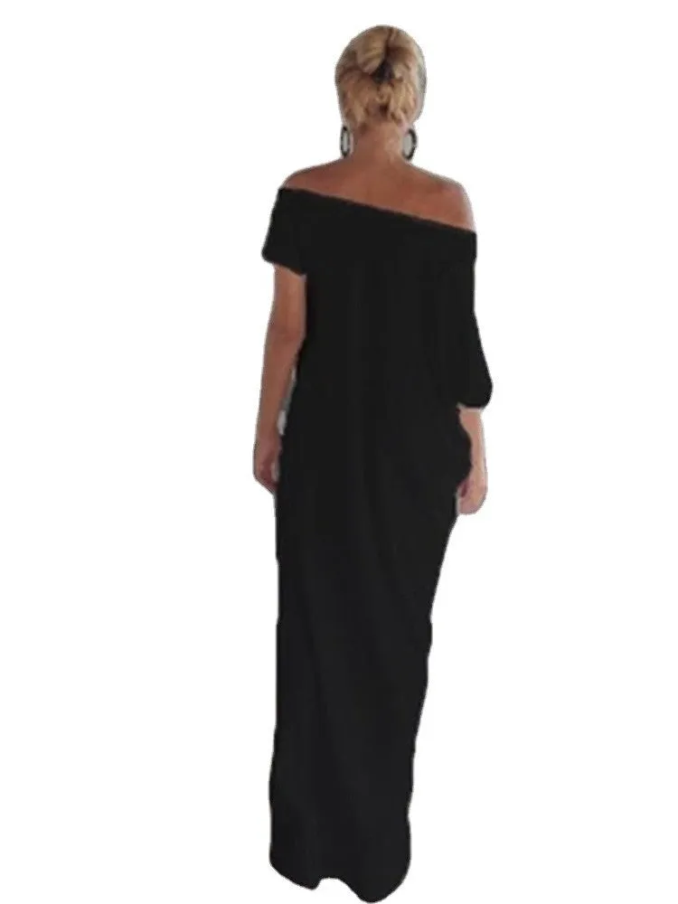 Casual Loose Women One Shoulder Pure Color Batwing Sleeve Maxi Dresses