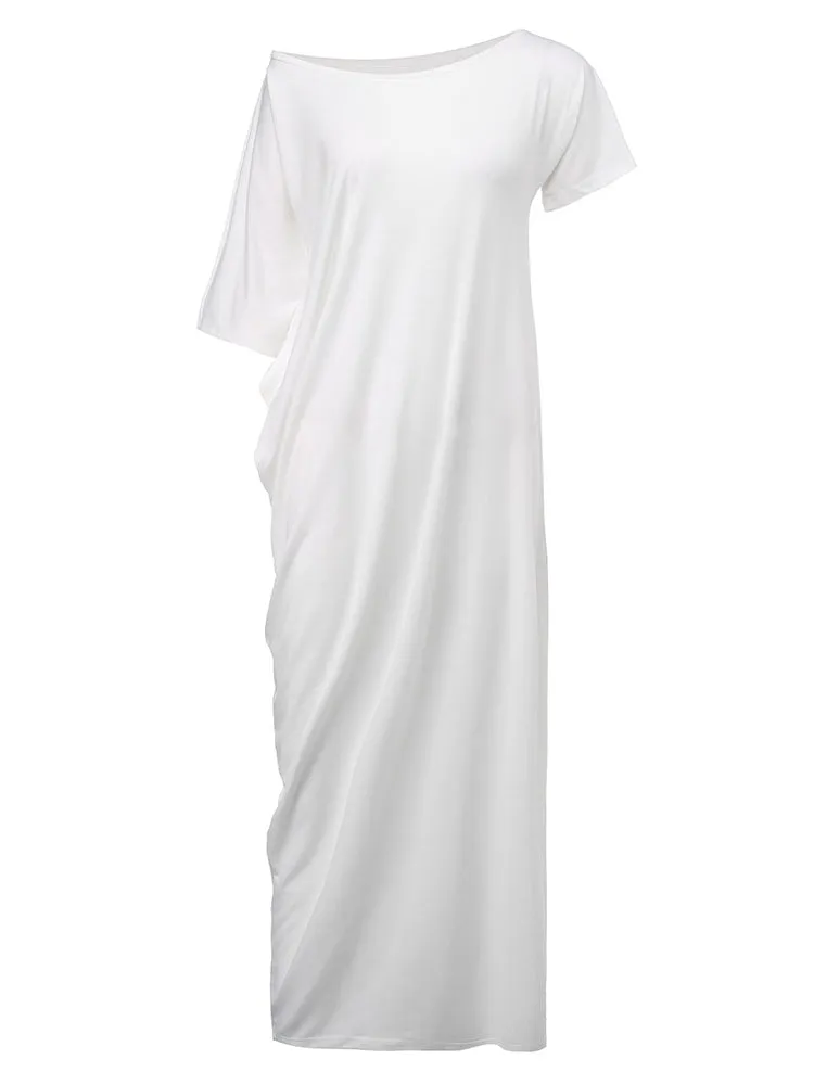 Casual Loose Women One Shoulder Pure Color Batwing Sleeve Maxi Dresses
