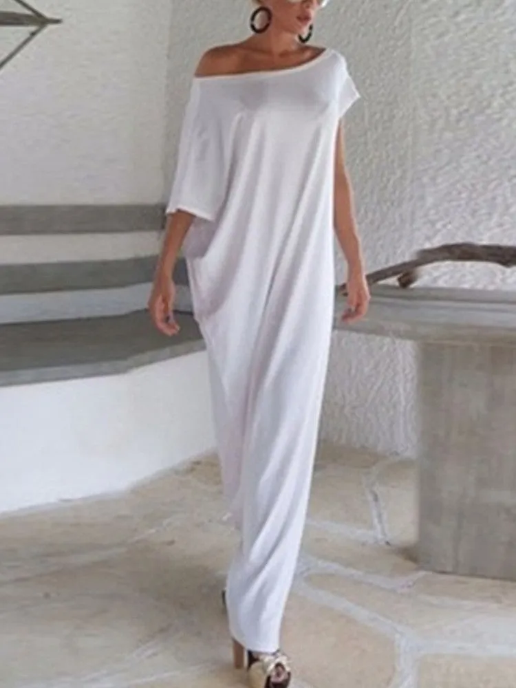 Casual Loose Women One Shoulder Pure Color Batwing Sleeve Maxi Dresses
