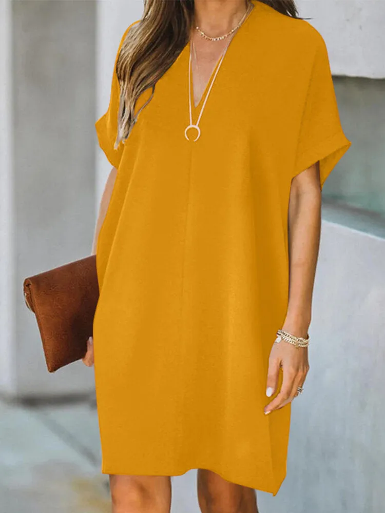 Casual Mini Dress V-neck Loose Short Sleeve Solid Casual