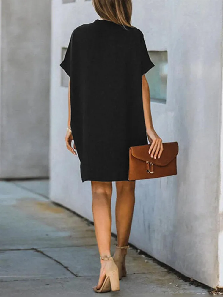 Casual Mini Dress V-neck Loose Short Sleeve Solid Casual