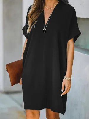 Casual Mini Dress V-neck Loose Short Sleeve Solid Casual