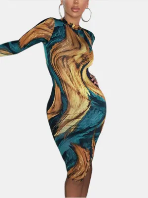 Casual O-neck Long Sleeve Bodycon Print Women Midi Dress