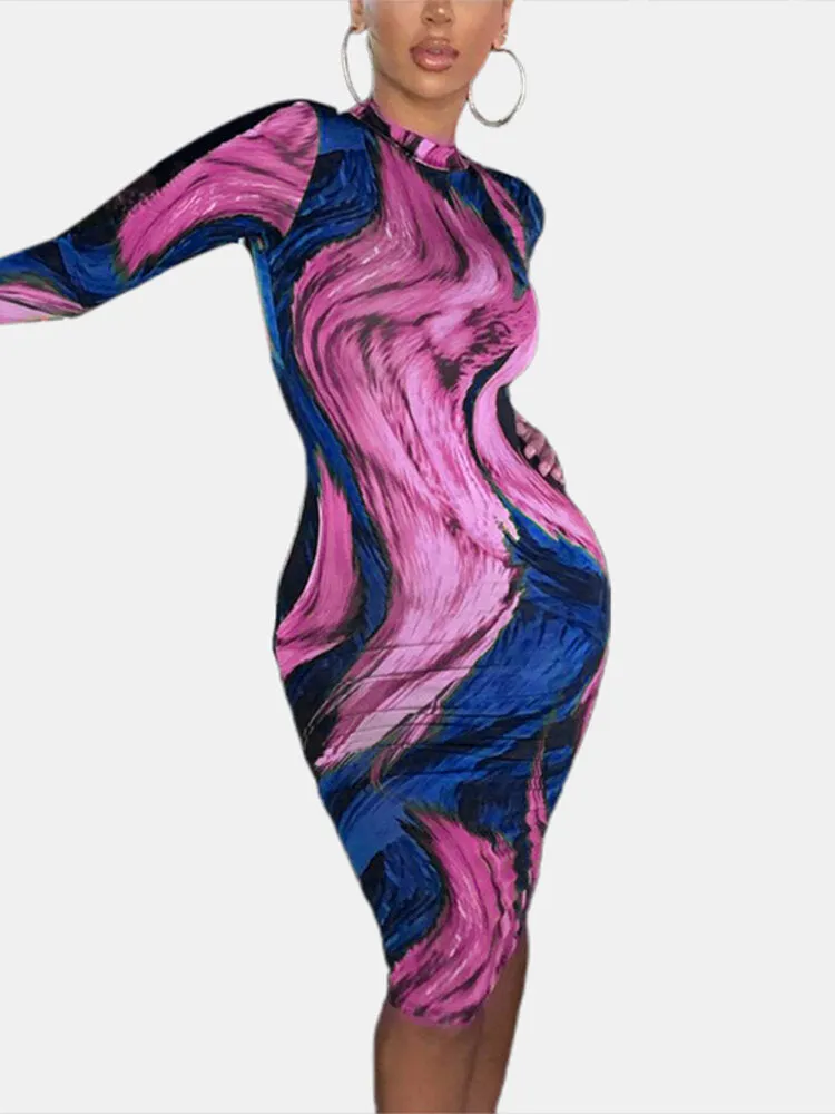 Casual O-neck Long Sleeve Bodycon Print Women Midi Dress