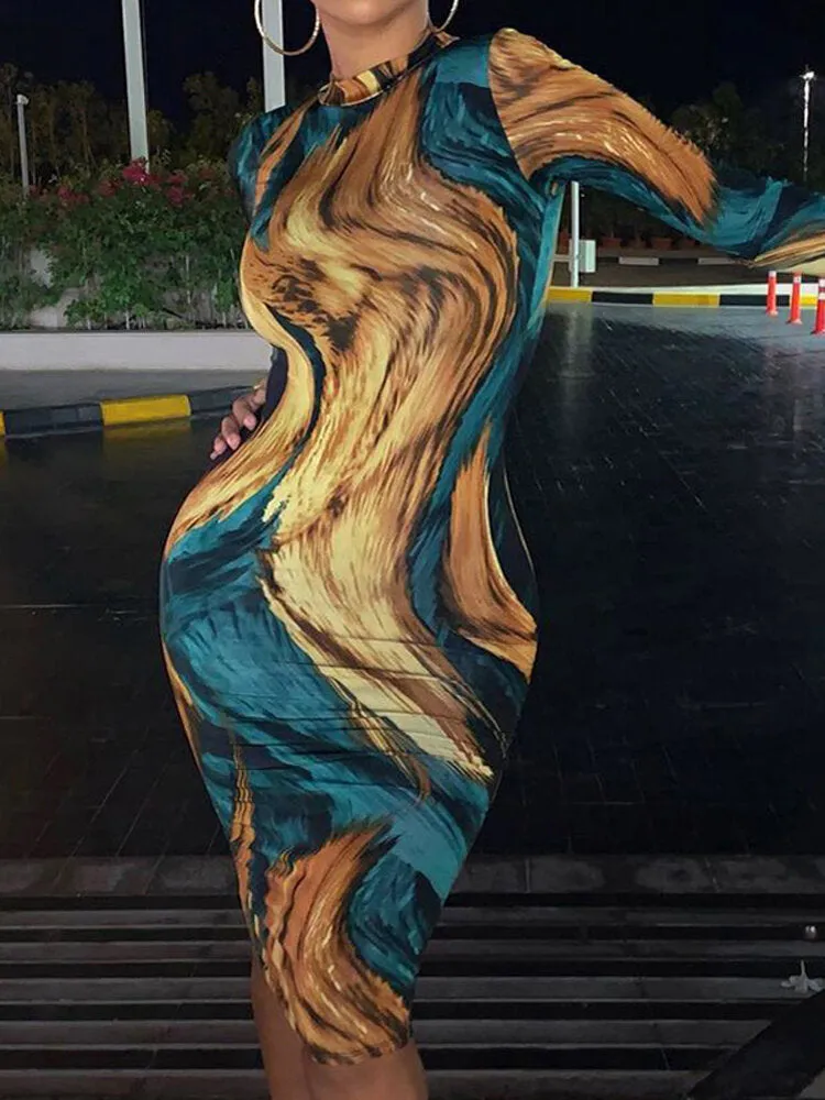 Casual O-neck Long Sleeve Bodycon Print Women Midi Dress
