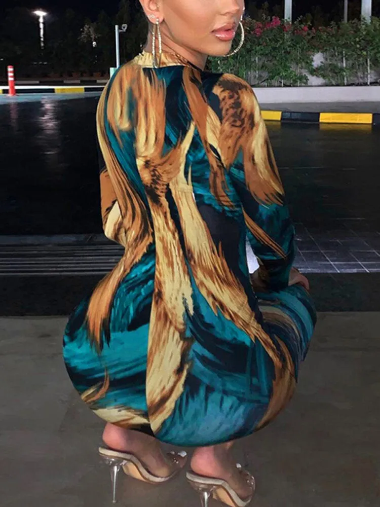 Casual O-neck Long Sleeve Bodycon Print Women Midi Dress