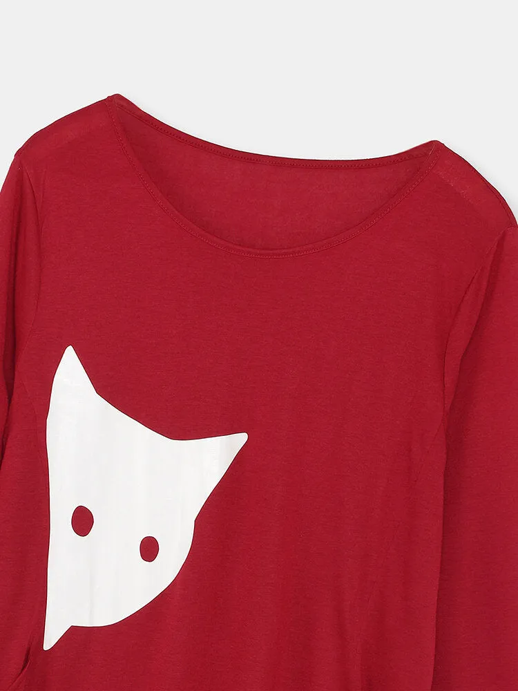 Cat Print Round Neck Long Sleeve Casual Double Pocket Women Midi Dress