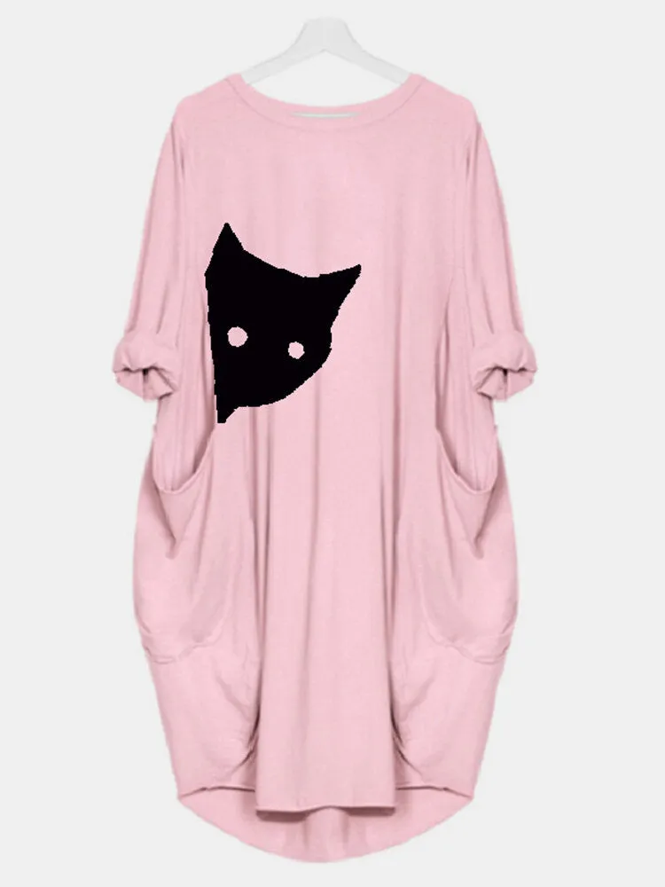Cat Print Round Neck Long Sleeve Casual Double Pocket Women Midi Dress