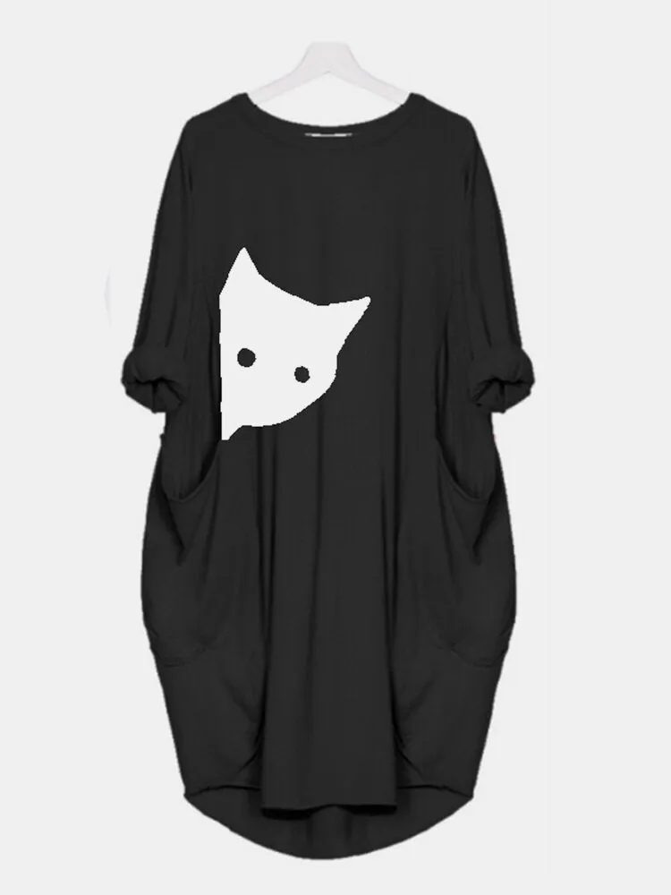 Cat Print Round Neck Long Sleeve Casual Double Pocket Women Midi Dress