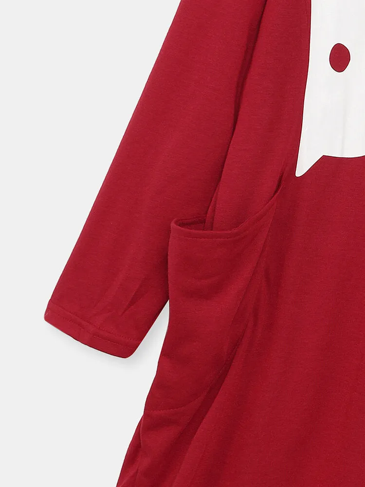 Cat Print Round Neck Long Sleeve Casual Double Pocket Women Midi Dress