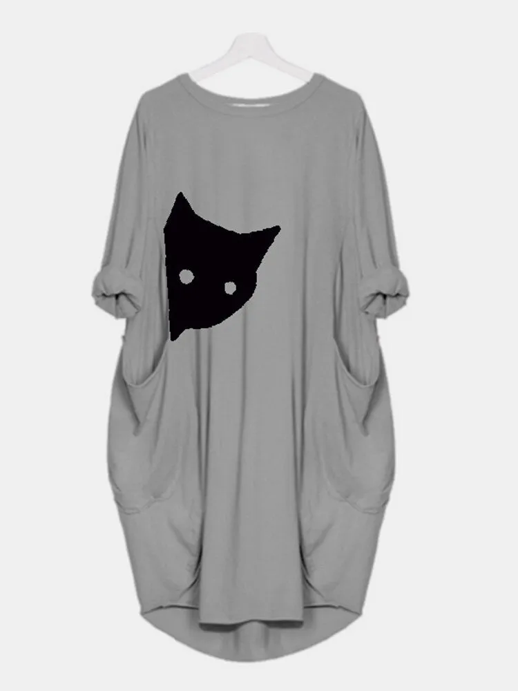 Cat Print Round Neck Long Sleeve Casual Double Pocket Women Midi Dress