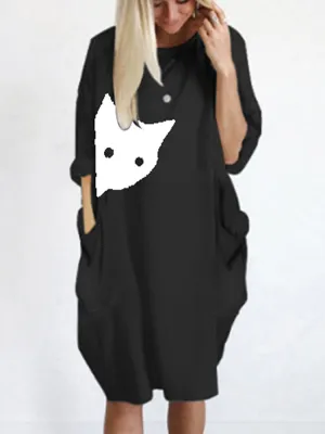Cat Print Round Neck Long Sleeve Casual Double Pocket Women Midi Dress