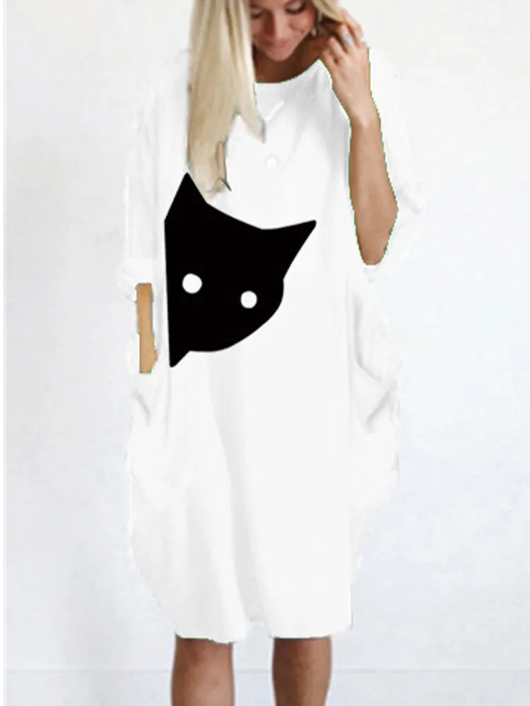 Cat Print Round Neck Long Sleeve Casual Double Pocket Women Midi Dress