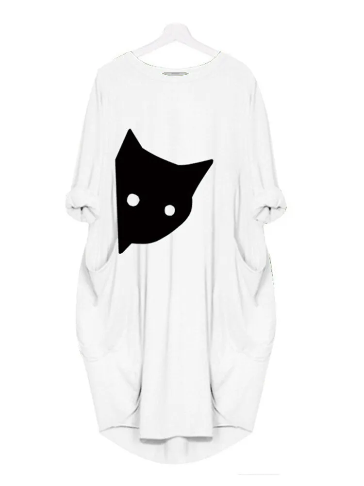 Cat Print Round Neck Long Sleeve Casual Double Pocket Women Midi Dress