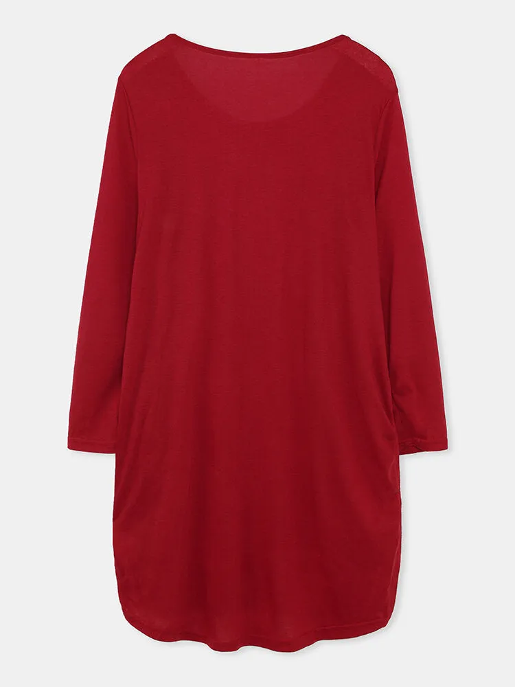 Cat Print Round Neck Long Sleeve Casual Double Pocket Women Midi Dress