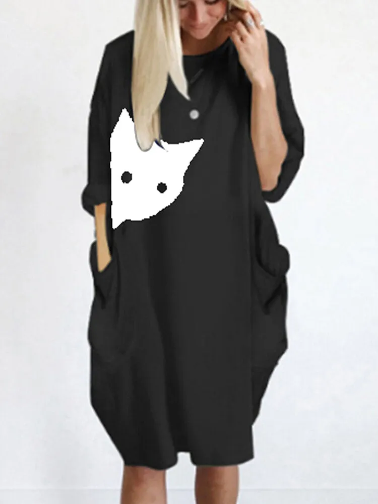 Cat Print Round Neck Long Sleeve Casual Double Pocket Women Midi Dress