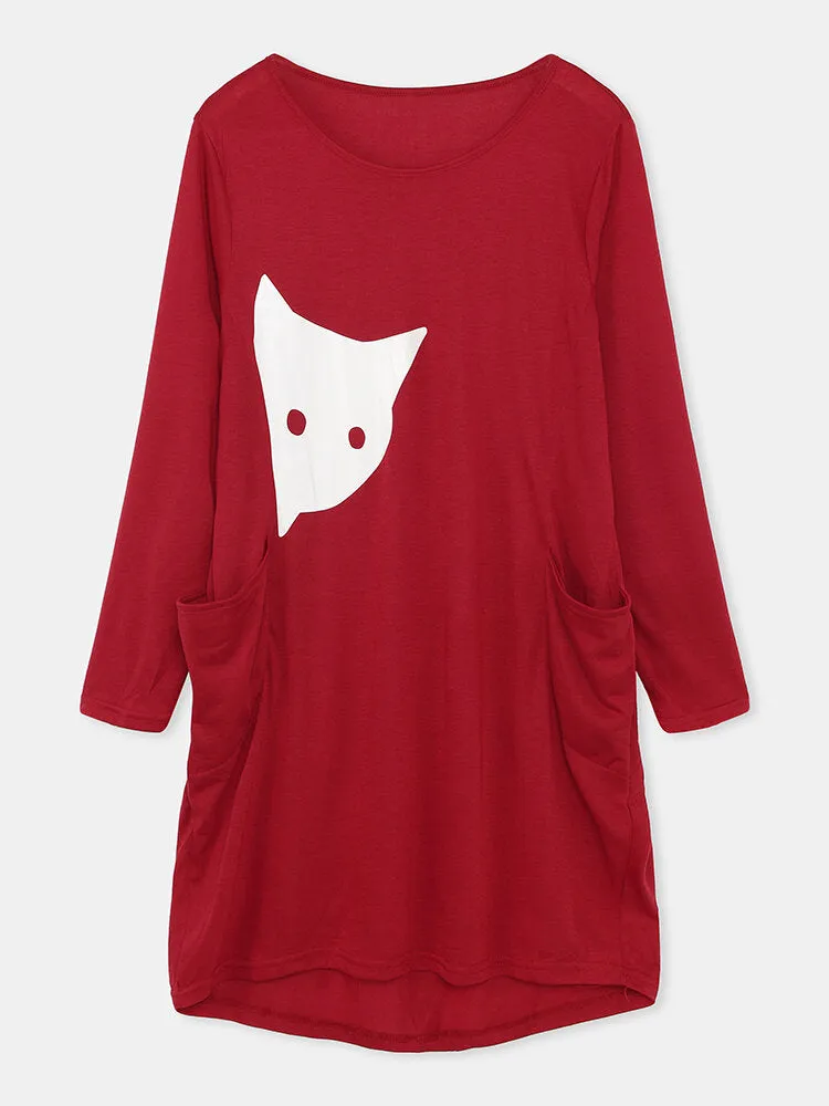 Cat Print Round Neck Long Sleeve Casual Double Pocket Women Midi Dress