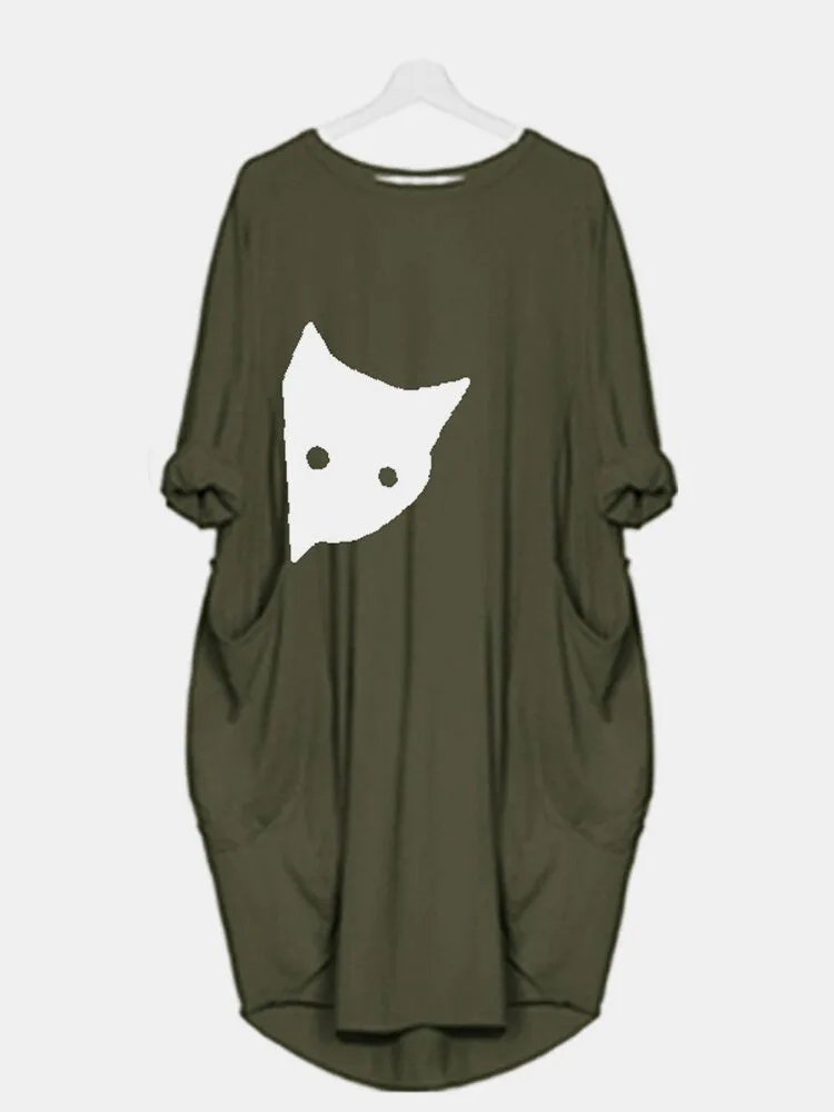 Cat Print Round Neck Long Sleeve Casual Double Pocket Women Midi Dress