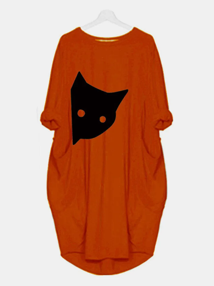 Cat Print Round Neck Long Sleeve Casual Double Pocket Women Midi Dress