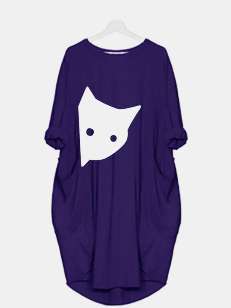 Cat Print Round Neck Long Sleeve Casual Double Pocket Women Midi Dress